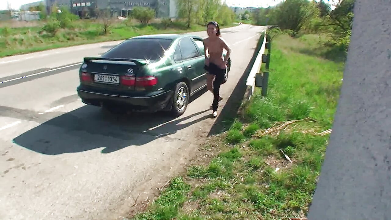 Picked up brunette teen blowing and riding two dicks