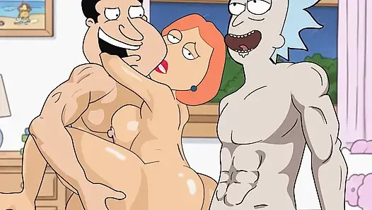 Lois dreier mit Glenn Quagmire und Rick and Morty, einem familienpilz