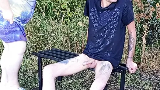 neighbor sucks my dick in the park on a bench until I cum