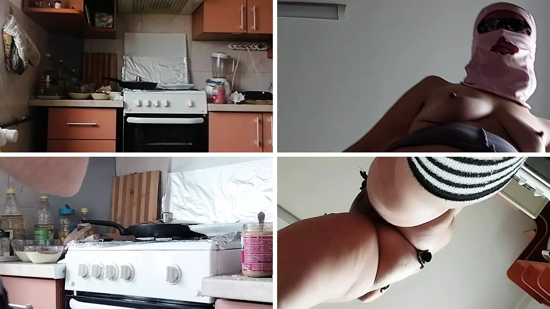 Brunette hairy pussy prepares breakfast naked in the kitchen. Sexy mom cleans the house naked.
