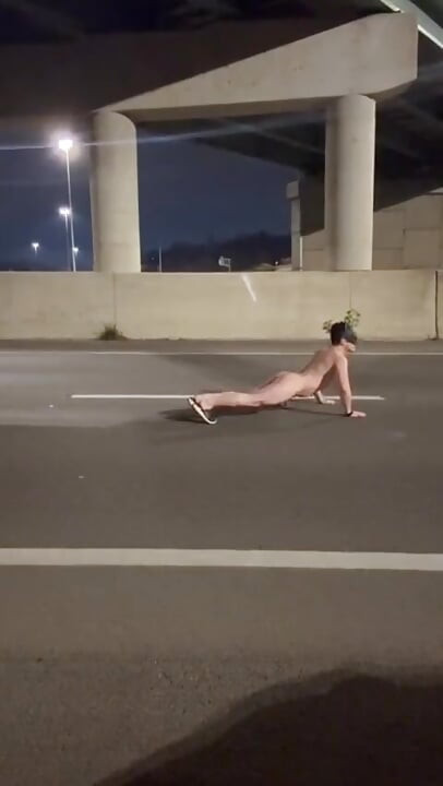 Highway Bridge Exposure: Asian Muscle Hunk Flexes Bare Naked, Dangles Dick & Jerks off for All