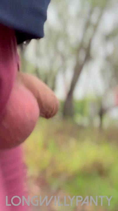 Straight guy goes for a walk in his tight purple dick flash.