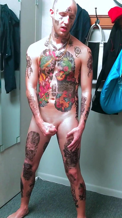 Fully Tatted Man Dildo Fucked