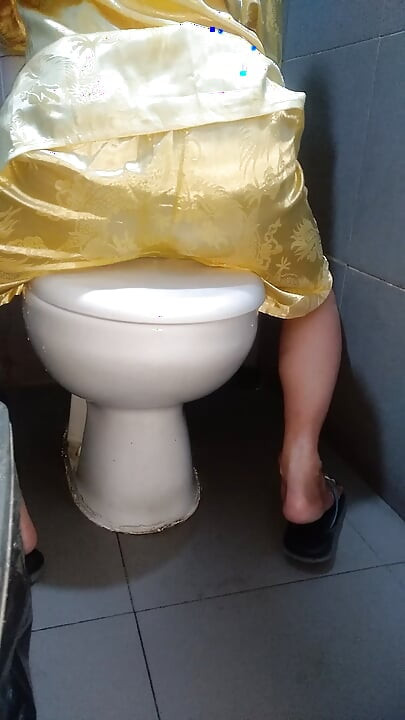 Crossdresser cum wearing satin pajamas