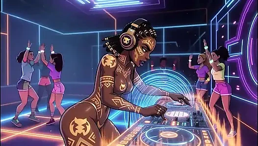 AI- DJ Girls in Private Exclusive Party - Beach Sunset + Tron Futuristic  + Tokyo Neon