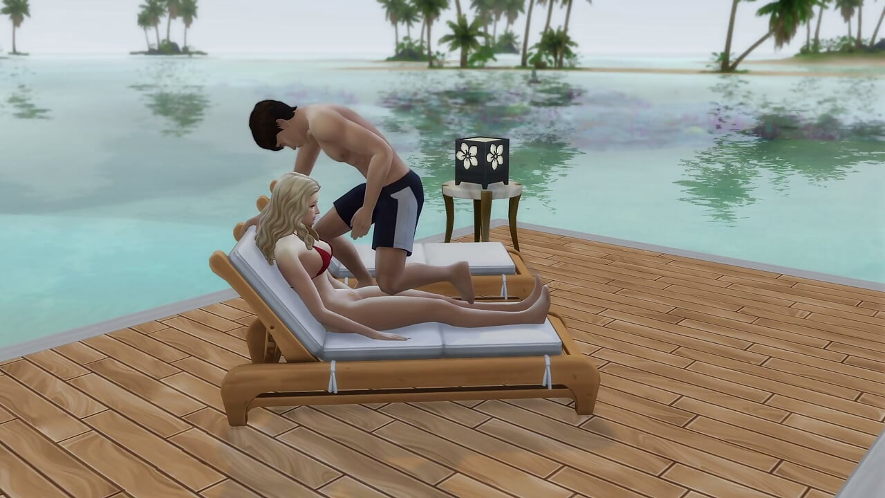 Couple in love have sex in public on the beach. The sims