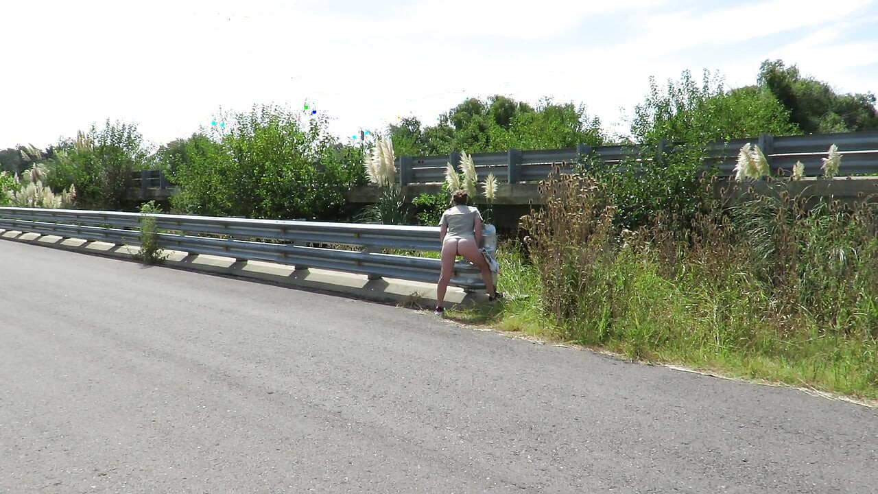 Patricia op de brug over de weg