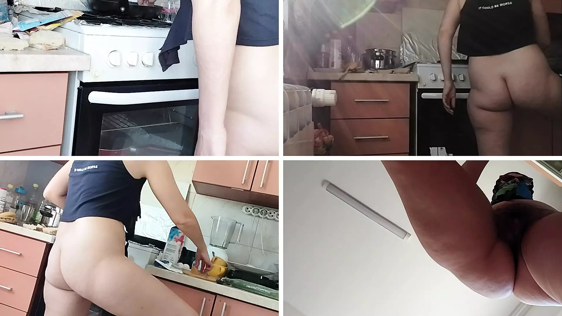 性感的裸体妻子在厨房准备食物。