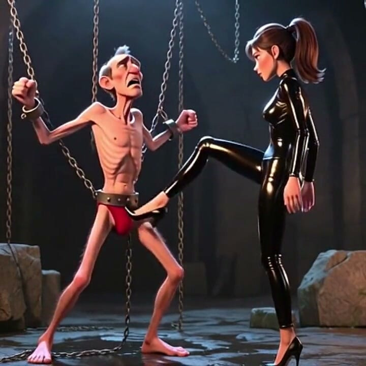 Ballbusting - Dominatrix trapt ballen van een gebonden man
