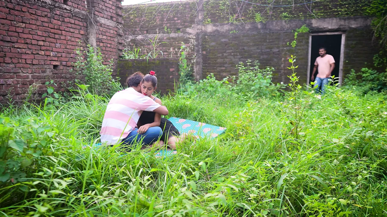 When a couple was getting ready to have sex in the ruins, a guy caught them and then had rough sex with the girl.
