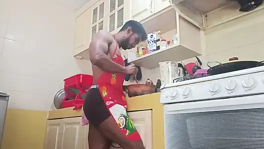 Bodybuilder Eaten at the Kitchen - Has to Eat His Own Cum