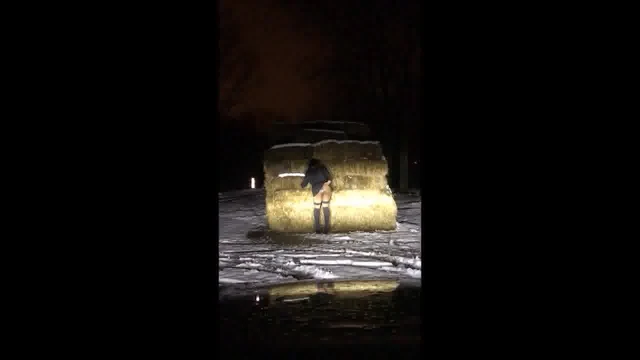 Smoking & showing buttplug in snow at parking