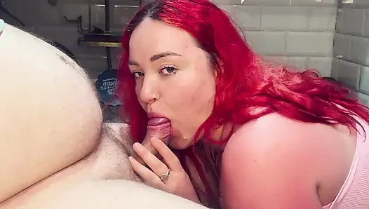 Beauty with red hair sucks in kitchen, kisses belly