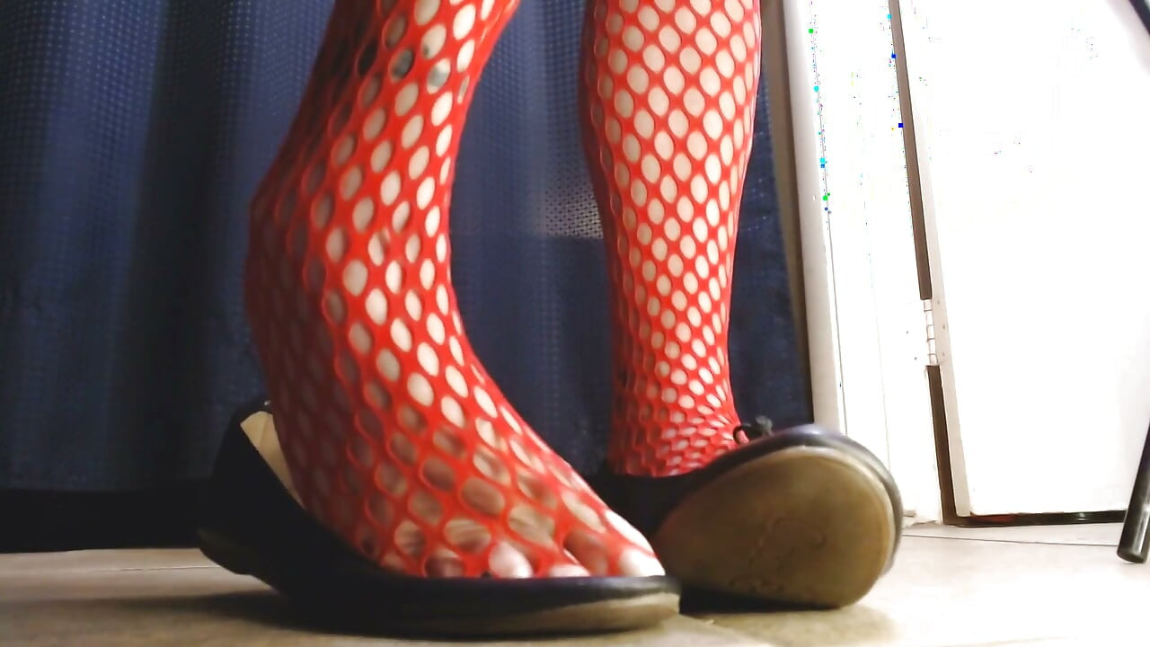 Red Fishnets Ballet Flats Shoeplay Dipping Toe Wiggling
