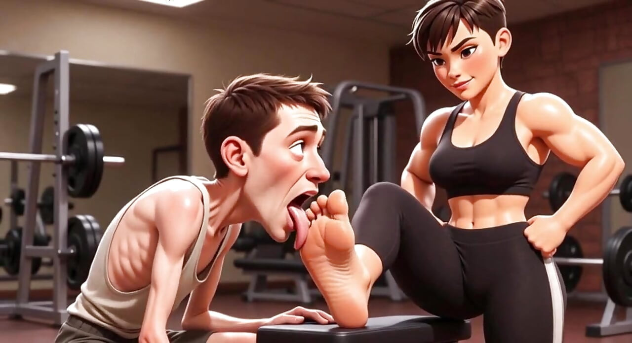 Strong Muscular Woman Makes Skinny Slave Lick Her Feet