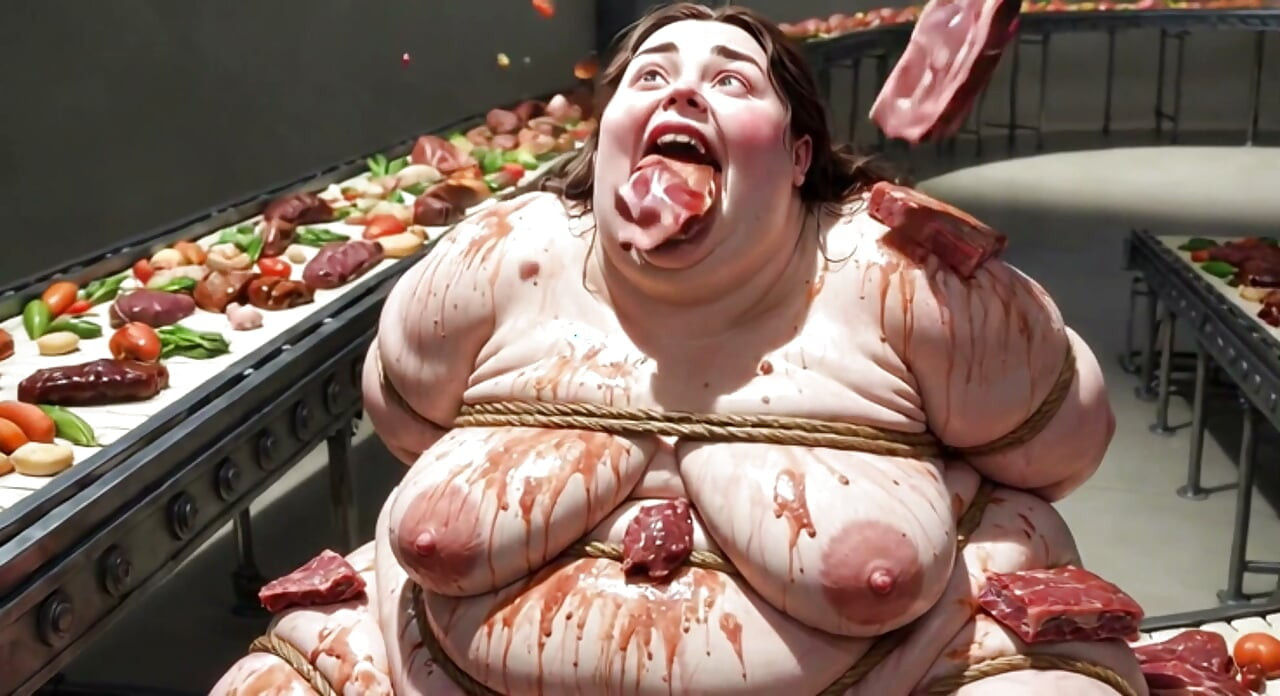 Humiliated BBW Slave Tied and Stuffing Her Belly Deep