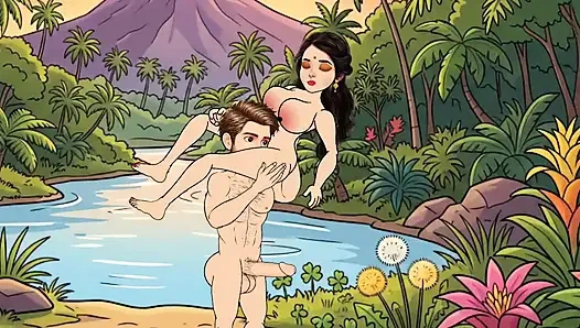 Man fucks woman with big cock in the forest, woman is very happy.