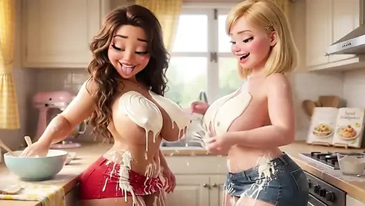 İki şehvetli arkadaş pasta pişiriyor ve sonra tutkuyla duşta öpüşüyor roman süt içiyor ve hayranı tarafından serinliyor (yapay zeka tarafından oluşturulmuş)