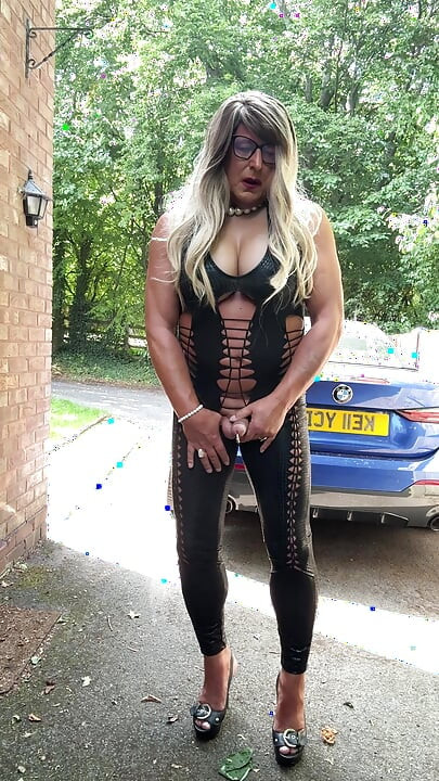 Sexy Crossdresser kellycd2022 in black pvc catsuit and heels