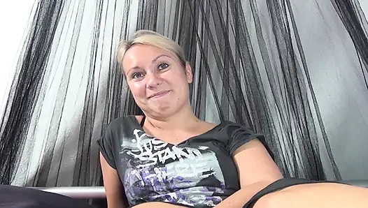 Nasty German blonde fucks herself with dildo