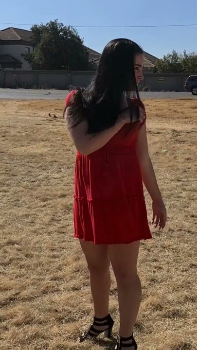 Daring slut flashing her small boobs and ass in public | Clip 1