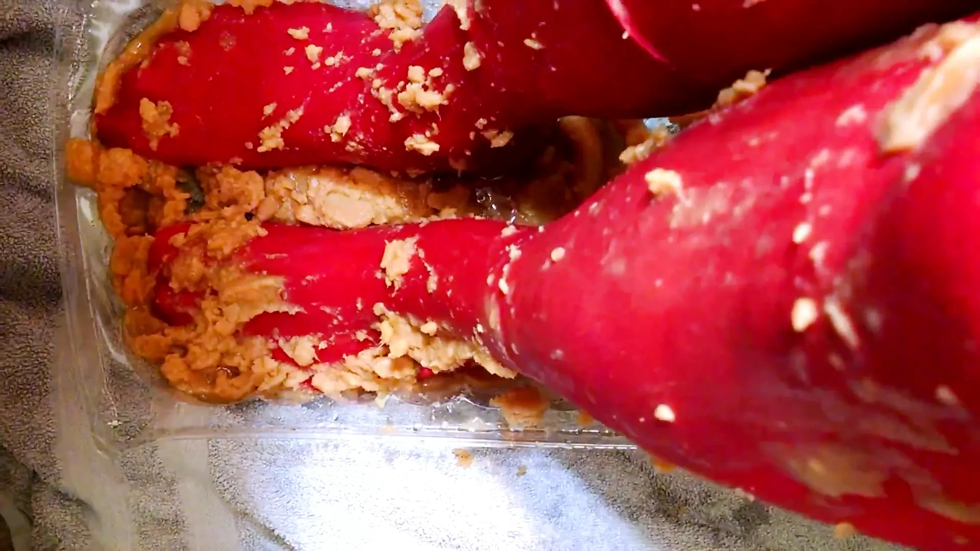 Food smearing my red nylon pantyhose feet, legs, crotch with yams and baked beans.
