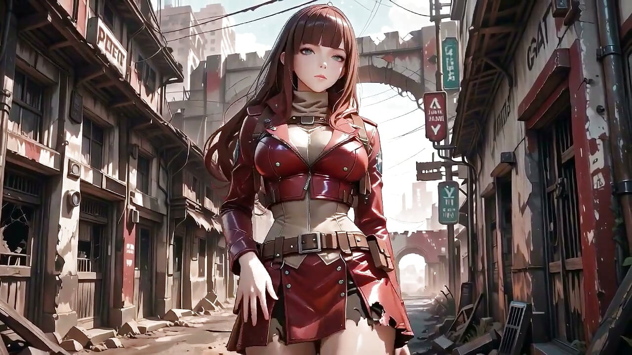 Tight Leather Suit Hugging Her Perfect Hips. She Lounges on the Broken Train Car, Hand Stroking Armor, Eyes Hazy yet Fierce.