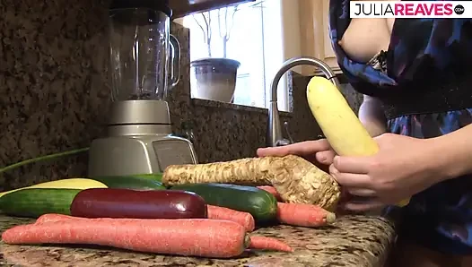 Brenda masturbates in the kitchen with huge toys and groceries, including her ass
