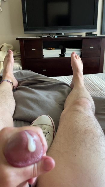 Short POV end of bate with cum spilling from my dick slit in my fat mushroom cock head.