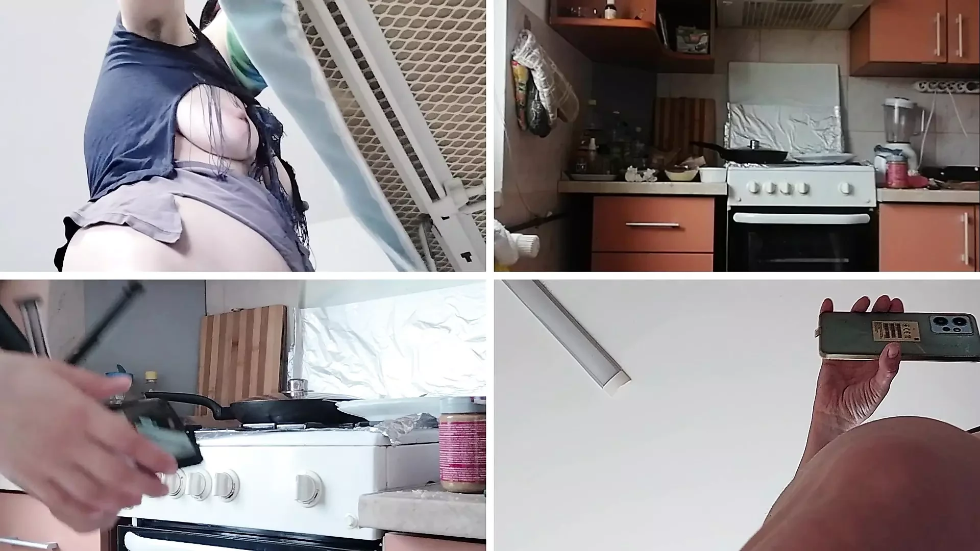Brünette mit behaarter Muschi, großen Titten, sinnliche und behaarte Frau in der Küche. Sexy Amateurfrau, die ihre haarige Muschi rasiert.