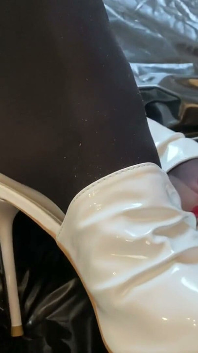 White Heels, white Leggings, Black Nylons | Clip 2