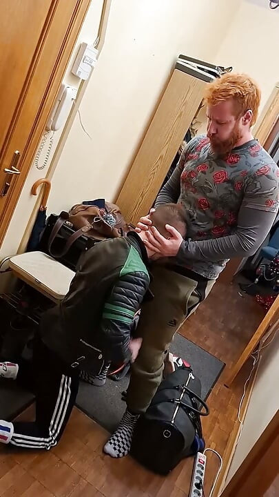 Ginger Guy in Leather Gets on His Knees - Gay Amateur Blowjob