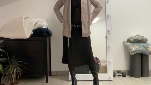 Black satin fetish long dress and silk jacket and high heels overknee boots and my cock hard and horny. Suck me gently
