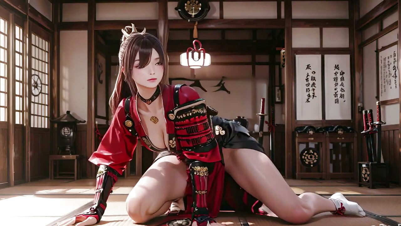 Samurai Carmesim! Guerreira ruiva ajoelhada ao sol, transitando da graça silenciosa para golpes explosivos de espada.