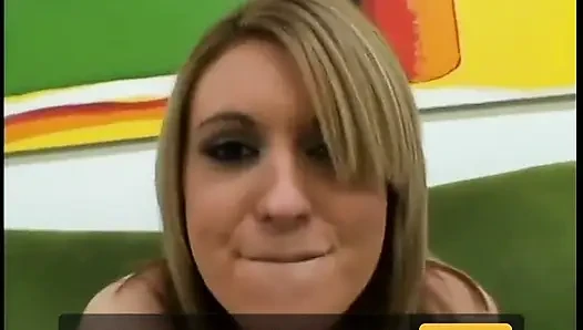 Blondie gets her natural tits squeezed before sucking guy's cock on the sofa
