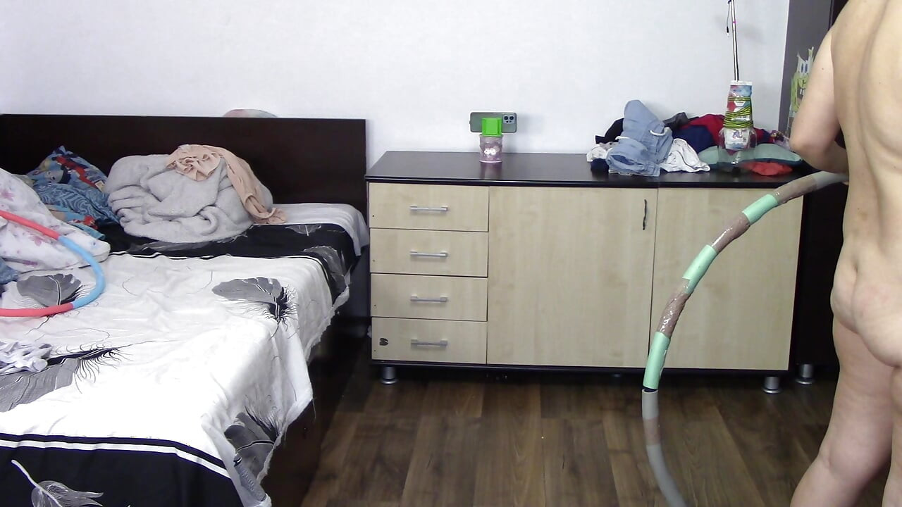 Sexy wife workout at home naked. Sexy brunette tries on pantyhose, hairy pussy, big ass, big tits.