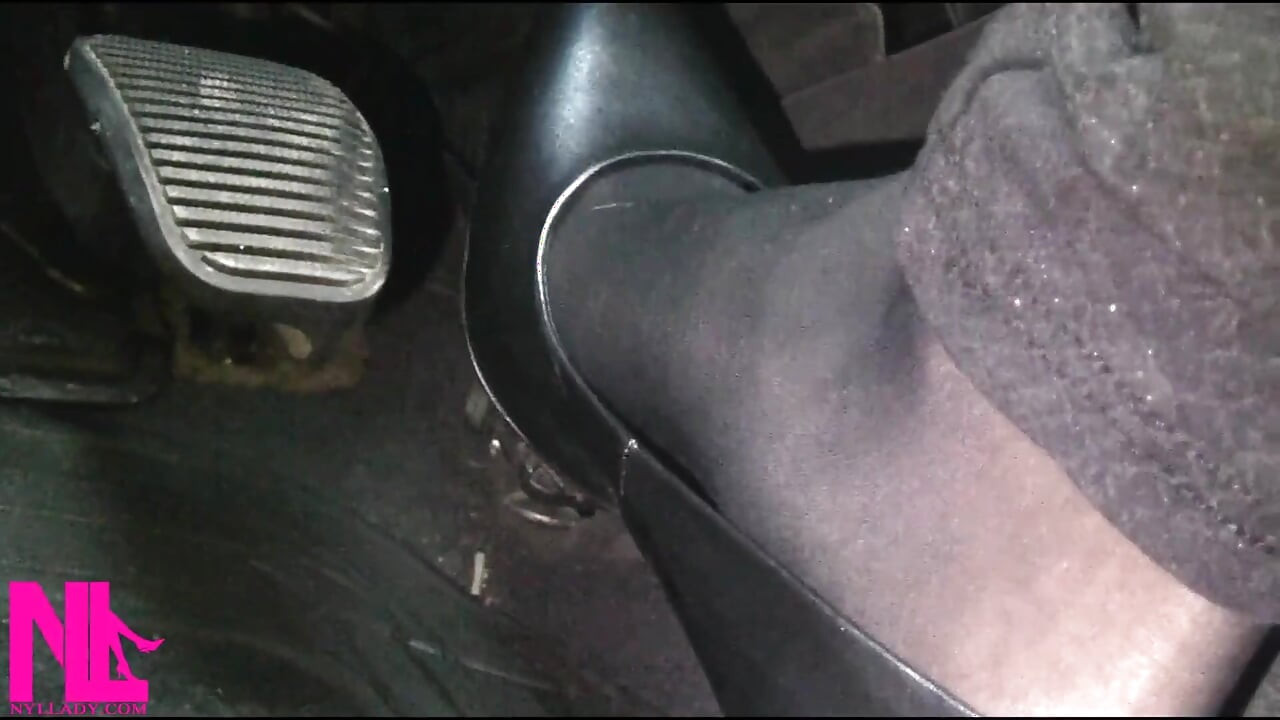 Revving and Driving in Black Pantyhose and Grey High Heels