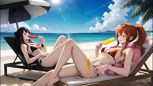Pertemuan cewek gotik ai si cewek cantik rambut merah - crossover pantai (makan es es)