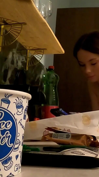 Emotional moment from "No panties no bra girlfriend in the kitchen with a nightie satin pyjama"