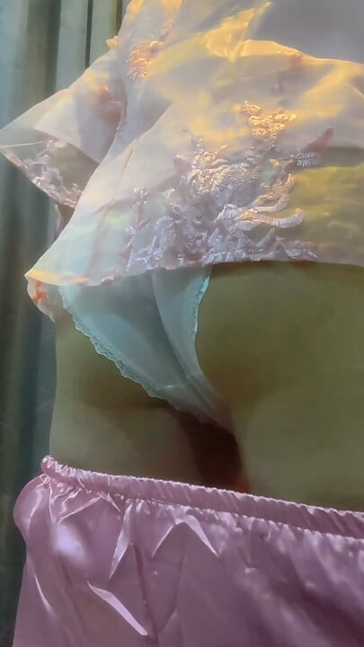 Cute femboy cum while wearing her mom's panties
