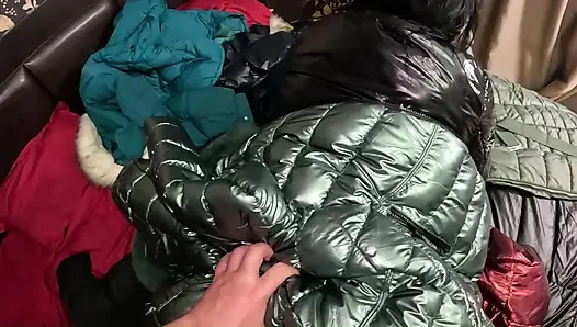 Shiny Downjacket Fetish MILF. Multiple Jackets, Rough Fuck and Cum All Over My Coat