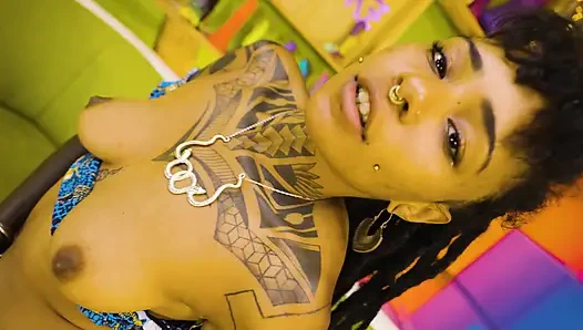 Inked Ebony Goddess Destroys Her Pussy with Huge Dildo