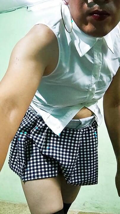 In shors and mini skirt