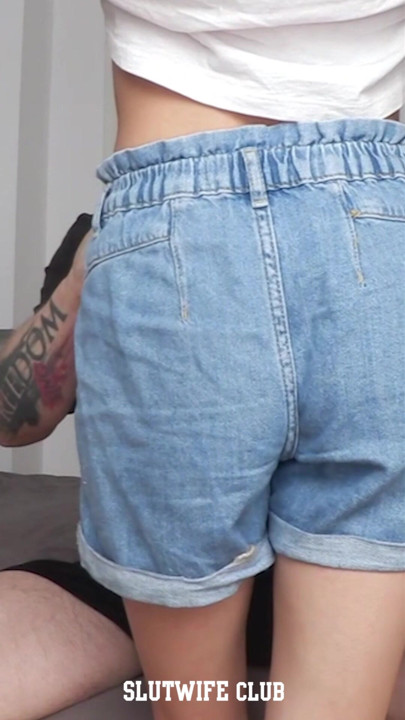 Skinny Candie standing there in those jean shorts. Getting them down slowly, revealing her little string...