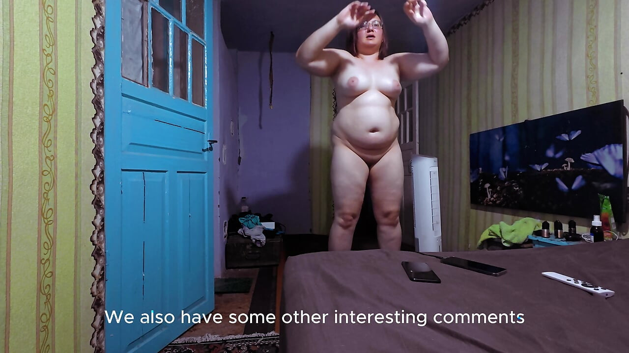 Naked Curvy Brunette on Vibration Platform Reads Comments with English Subtitles