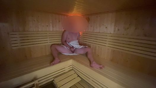 Risky dick flash in public sauna, huge cumshot