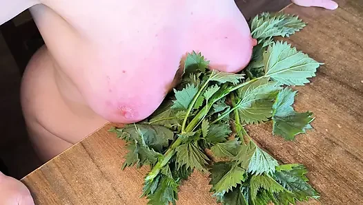 Naked tits in nettles - then hit hard