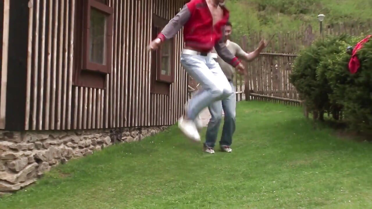 Exclusive video Bareback: Sexy muscular guys anally fuck in the garden of the house