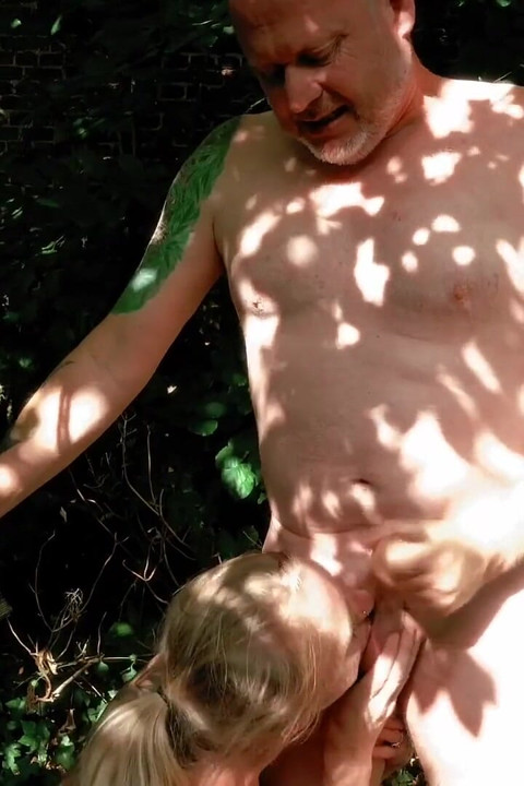 Old Man Fucks Skinny Blonde GILF with Saggy Tits in the Garden, Squirts and Gets Cum in Her Mouth
