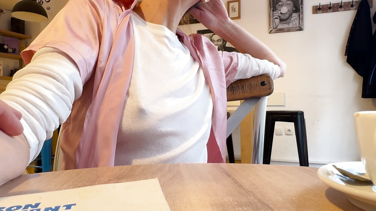 Extremely sexy white sheer blouse exposing my big hard pierced nipples in a coffee shop